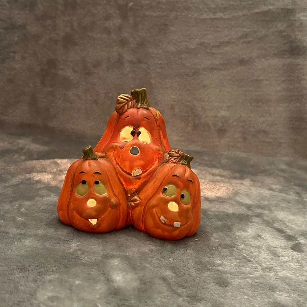 Vintage Halloween Ceramic Stacked Pumpkin Trio Tea Light Holder Jack-O-Lantern